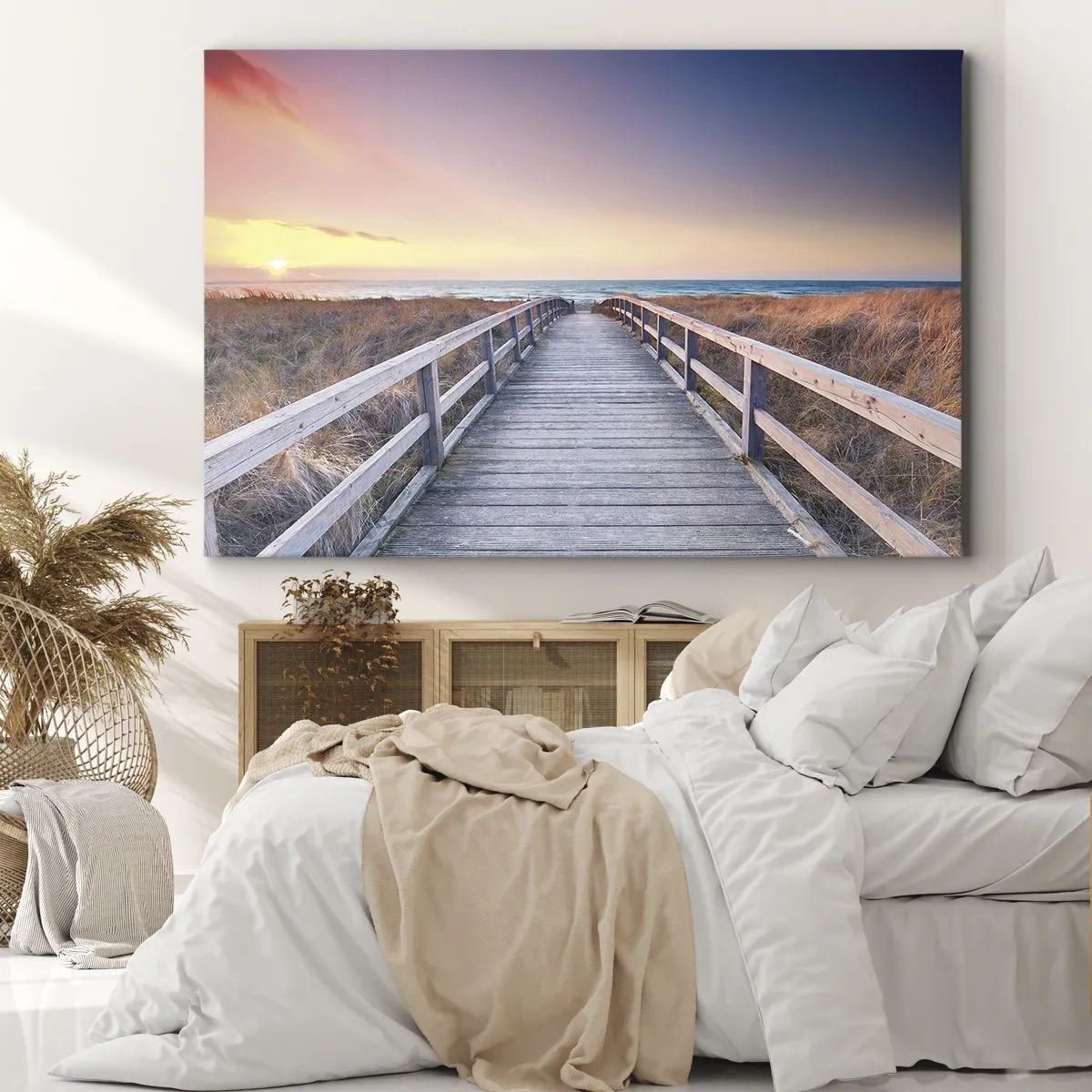 Quadro em tela - Um cais de madeira que leva à praia ao pôr do sol com o céu pintado em tons pastéis. - 70x50cm - Aurora da noite do Báltico - Decoração de parede moderna para a sala de estar e quarto ARTTOR