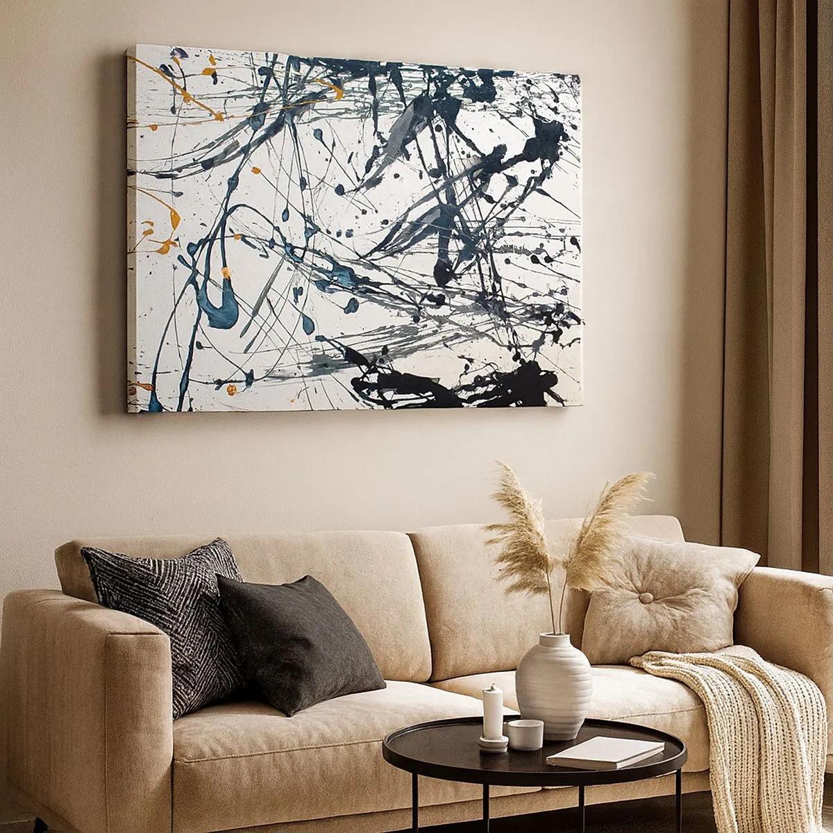 Quadro em tela - Padrão de pintura abstrata com linhas e manchas dinâmicas - 70x50cm - Com ou sem sentido? - Decoração de parede moderna para a sala de estar e quarto ARTTOR