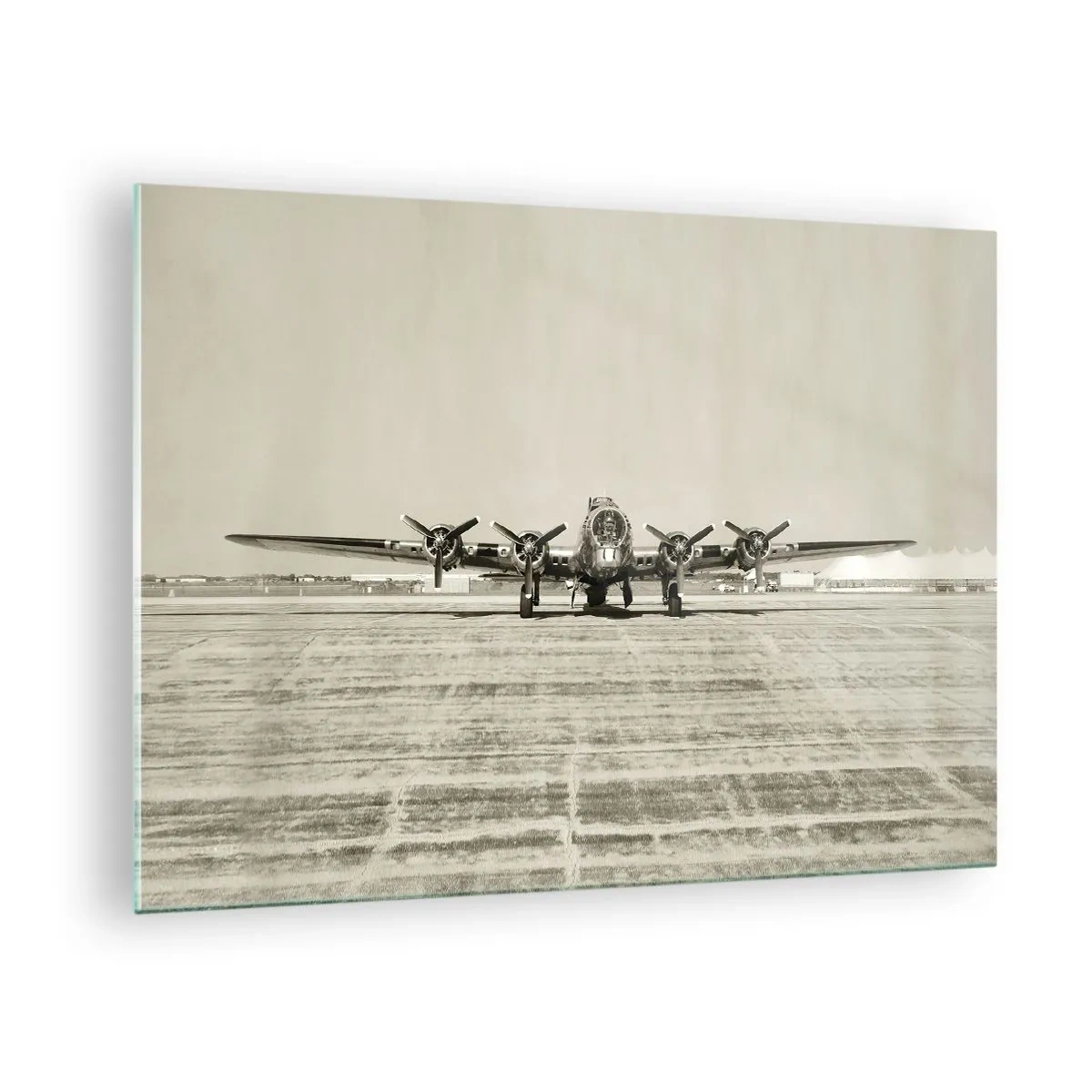 Quadro em vidro - Avião histórico no aeroporto em estilo sépia - 70x50cm - Pronto como sempre  - Decoração de parede moderna para a sala de estar e quarto ARTTOR