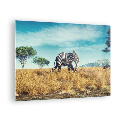 Quadro em vidro - Um elefante com listras de zebra na savana sob o céu - 70x50cm - Cinza não está mais na moda - Decoração de parede moderna para a sala de estar e quarto ARTTOR