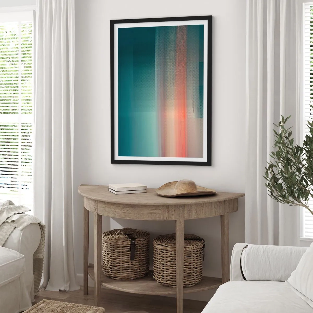 Pôster com moldura preta - Um jogo abstrato de luz em tons de turquesa e vermelho. - 50x70cm - Resumo: ondas de luz - Decoração de parede moderna para a sala de estar e quarto ARTTOR