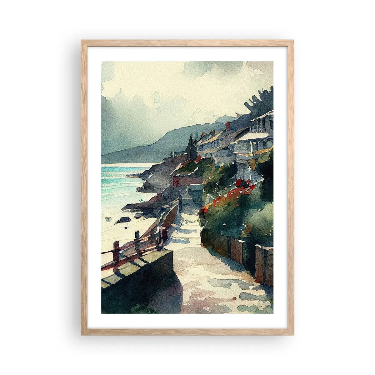 Pôster com moldura de carvalho claro - Cidade mediterrânea - 50x70 cm