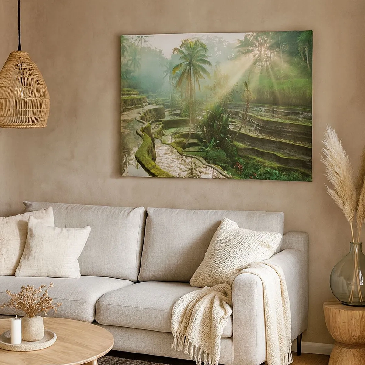 Quadro em tela - Terraços de arroz com palmeiras sob os raios do sol - 70x50cm - Crescer ao sol - Decoração de parede moderna para a sala de estar e quarto ARTTOR