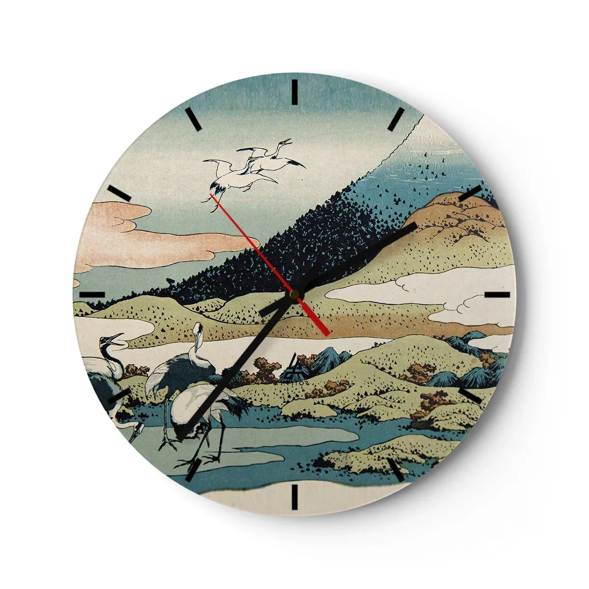 Relógio de parede - Relógio em vidro - Cena japonesa com pássaros em uma paisagem montanhosa - 30x30cm - No espírito japonês - Decoração de parede moderna para a sala de estar, cozinha e quarto ARTTOR