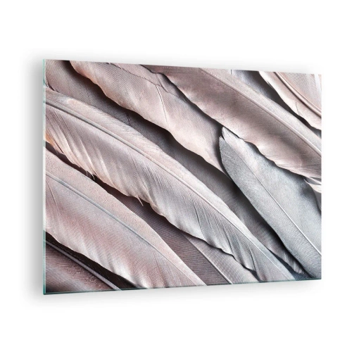 Quadro em vidro - Close-up de penas pastéis em tons de rosa e prata - 70x50cm - Em prateado rosa - Decoração de parede moderna para a sala de estar e quarto ARTTOR
