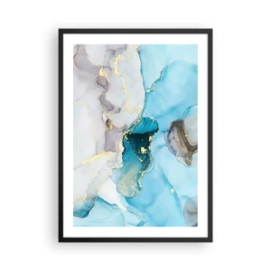 Pôster com moldura preta - Uma composição abstrata em tons de azul com delicados detalhes dourados. - 50x70cm - Estudo do encontro do cinza e turquesa - Decoração de parede moderna para a sala de estar e quarto ARTTOR