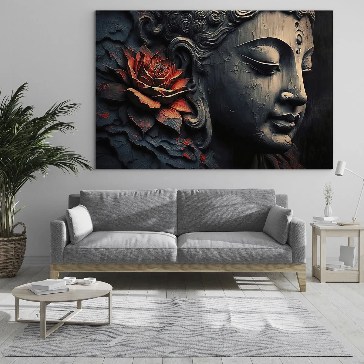 Quadro em vidro - Perfil de uma figura meditando com uma flor vermelha sobre um fundo escuro. - 70x50cm - Em harmonia com o mundo - Decoração de parede moderna para a sala de estar e quarto ARTTOR