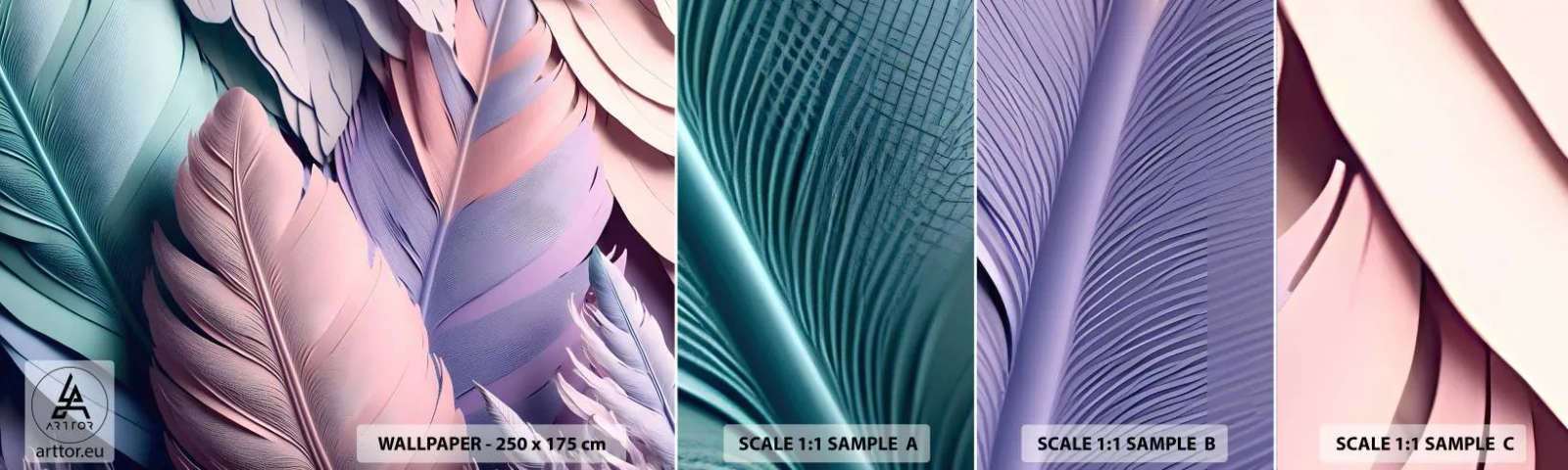 Amostra de Papel de Parede Standard Eco - Pássaro chique - Pastel, Penas, Leveza - 100x30 cm