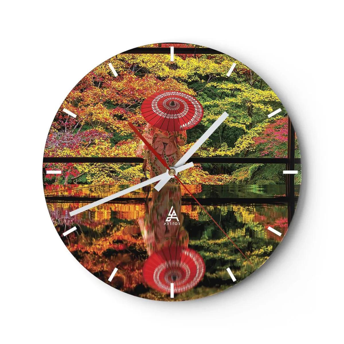 Relógio de parede - Relógio em vidro - Guarda-chuva japonês entre folhas de outono - 30x30cm - No templo da natureza - Decoração de parede moderna para a sala de estar, cozinha e quarto ARTTOR