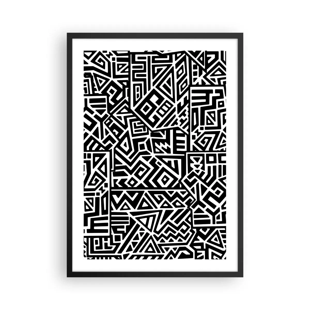Pôster com moldura preta - Padrão geométrico preto e branco em estilo artístico - 50x70cm - Composição pré-colombiana - Decoração de parede moderna para a sala de estar e quarto ARTTOR
