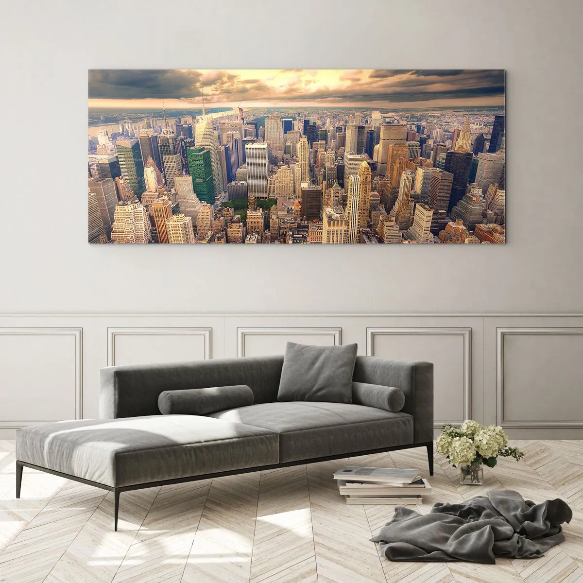 Quadro em vidro - Metrópole dourada - 90x30 cm