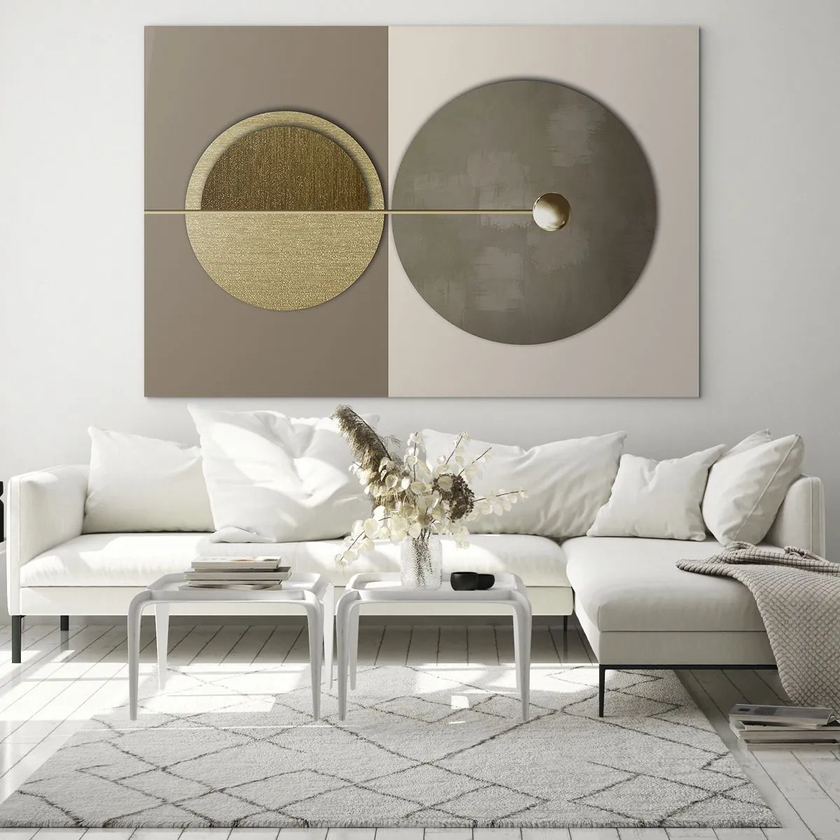 Quadro em vidro - Círculos e linhas douradas em uma composição harmoniosa - 70x50cm - Equilíbrio perfeito - Decoração de parede moderna para a sala de estar e quarto ARTTOR