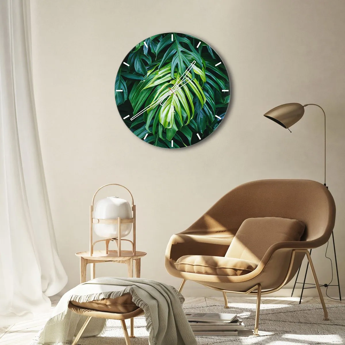 Relógio de parede - Relógio em vidro - Folhas verdes em um ambiente natural - 30x30cm - Mergulhar no frescor - Decoração de parede moderna para a sala de estar, cozinha e quarto ARTTOR