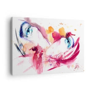 Quadro em tela - Um rosto abstrato com olhos expressivos e detalhes em vermelho. - 70x50cm - Na proximidade, o mundo floresce - Decoração de parede moderna para a sala de estar e quarto ARTTOR