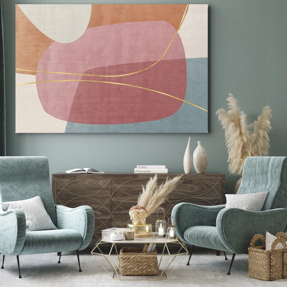 Quadro em tela - Formas abstratas em cores pastéis com linhas delicadas - 70x50cm - Composição pastel com fio dourado - Decoração de parede moderna para a sala de estar e quarto ARTTOR