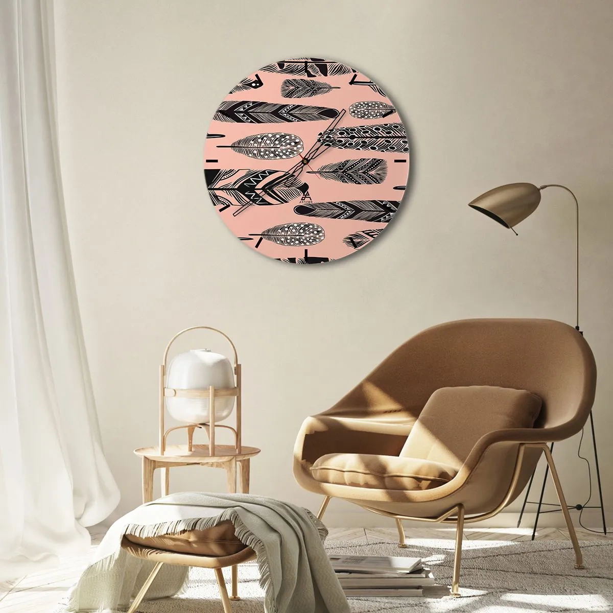 Relógio de parede - Relógio em vidro - Motivo decorativo de penas pretas sobre fundo rosa - 30x30cm - Colecção Indiana - Decoração de parede moderna para a sala de estar, cozinha e quarto ARTTOR