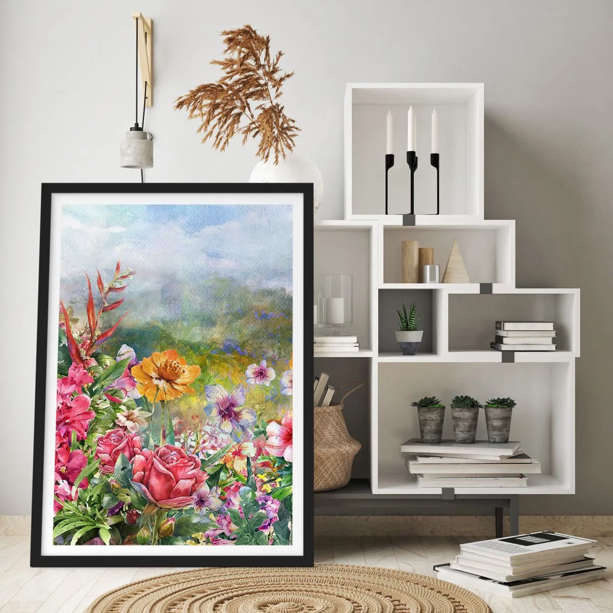 Pôster com moldura preta - Um campo de flores em um dia ensolarado - 50x70cm - O jardim que enlouqueceu - Decoração de parede moderna para a sala de estar e quarto ARTTOR