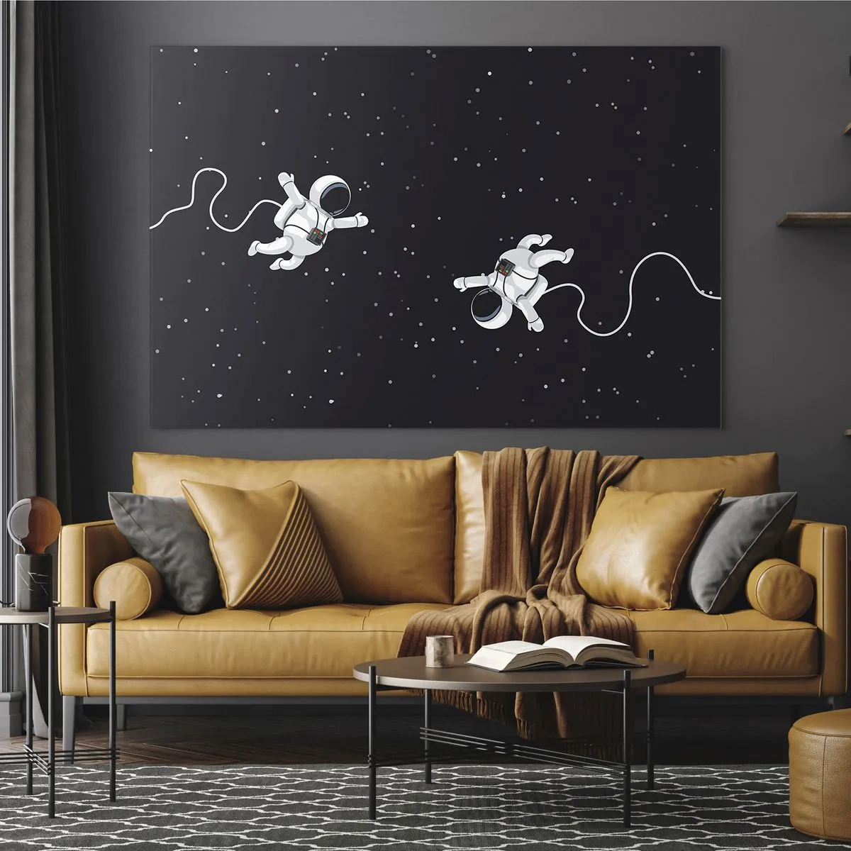 Quadro em vidro - Dois astronautas flutuando no espaço - 70x50cm - Emaranhado Cósmico - Decoração de parede moderna para a sala de estar e quarto ARTTOR
