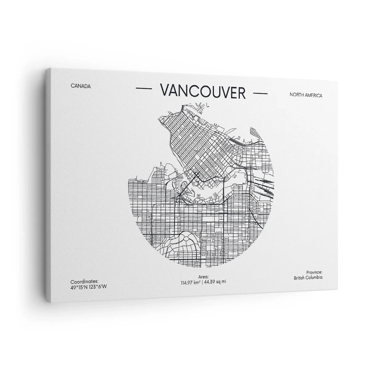 Quadro em tela - Um mapa de Vancouver em um estilo minimalista em preto e branco - 70x50cm - Anatomia de Vacouver - Decoração de parede moderna para a sala de estar e quarto ARTTOR