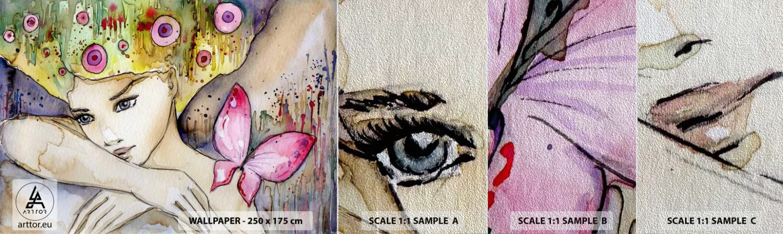 Amostra de papel de parede Premium Sand - Princesa borboleta - Abstração, Mulher, Aquarelas - 100x30 cm
