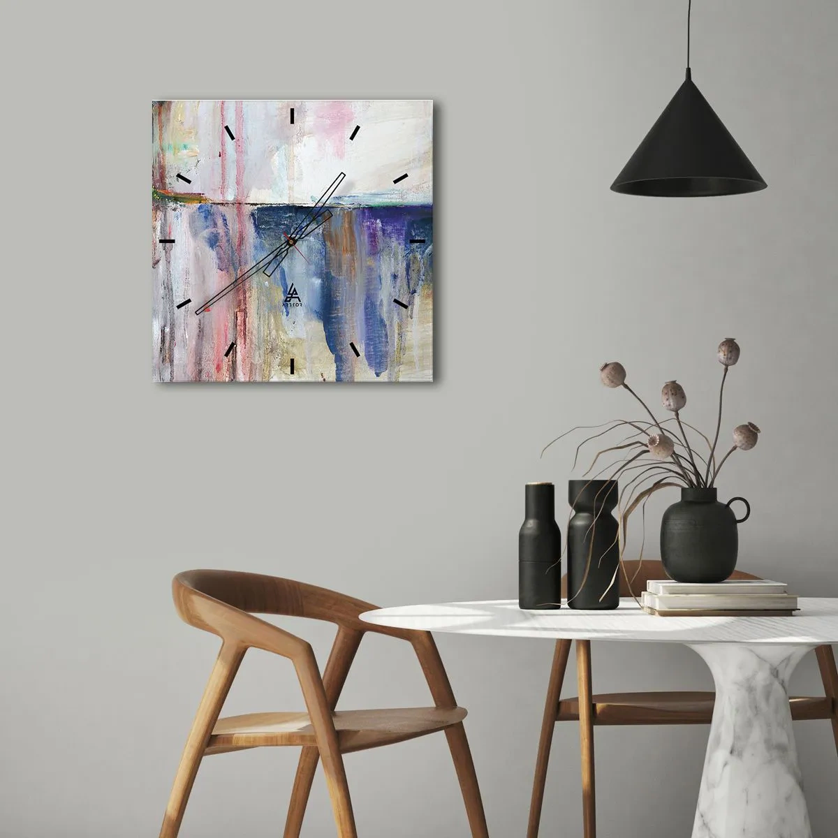 Relógio de parede - Relógio em vidro - Impressões coloridas e associações - 40x40 cm