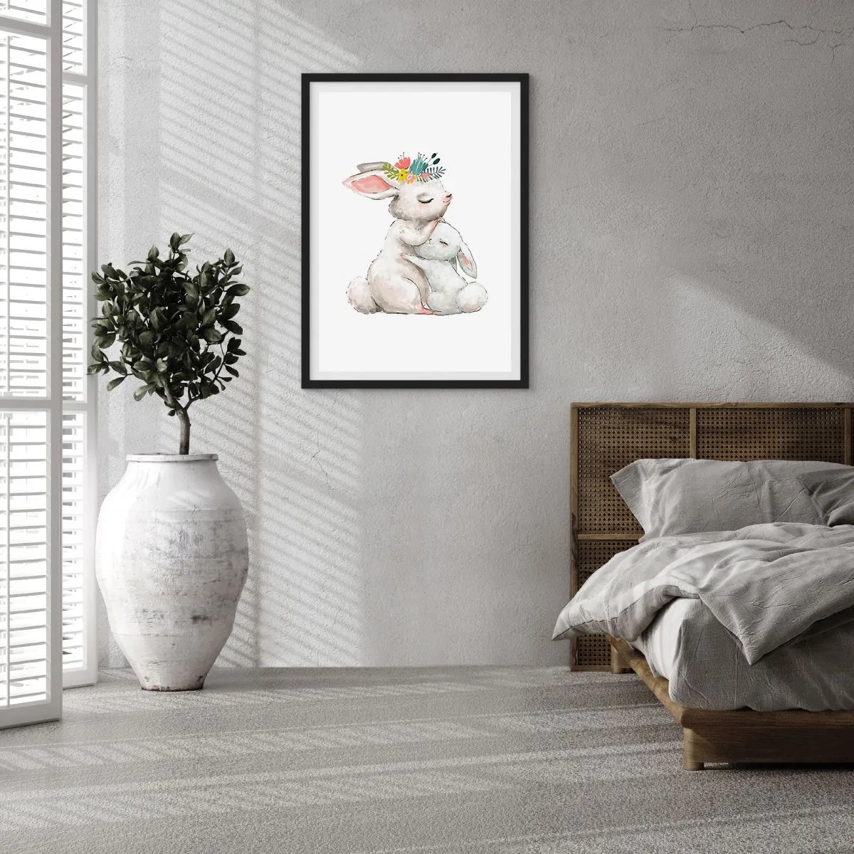 Pôster com moldura preta - Dois coelhos se abraçando com uma coroa de flores na cabeça - 50x70cm - Nada melhor do que amor de mãe - Decoração de parede moderna para a sala de estar e quarto ARTTOR