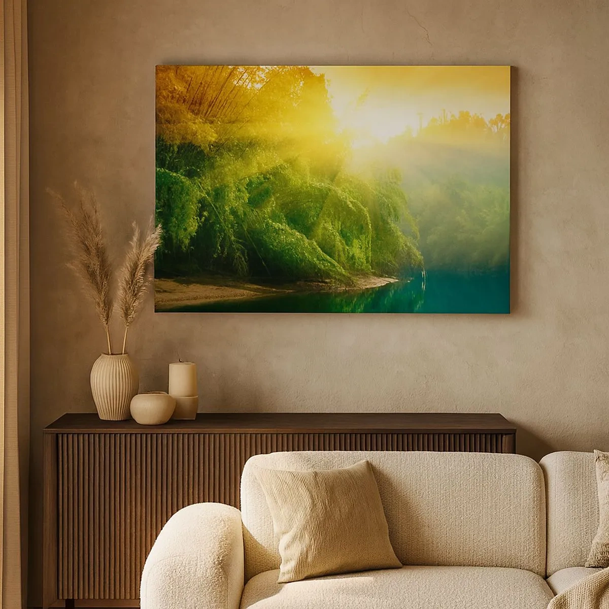 Quadro em tela - Uma floresta verde à beira do rio, iluminada pelos raios do sol nascente - 70x50cm - Afogar-se ao sol e à sombra - Decoração de parede moderna para a sala de estar e quarto ARTTOR