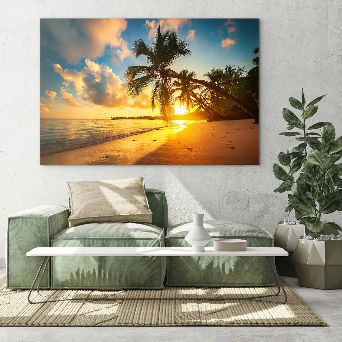Quadro em vidro - Praia tropical com palmeiras ao pôr do sol - 70x50cm - Um sonho caribenho - Decoração de parede moderna para a sala de estar e quarto ARTTOR
