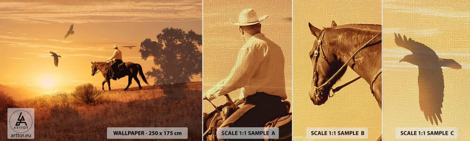 Amostra de papel de parede Premium Canvas - Sozinho em toda a pradaria - Cavalo, Vaqueiro, Paisagem - 100x30 cm