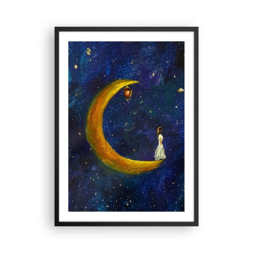 Pôster com moldura preta - Uma figura em uma lua dourada contra um céu noturno com estrelas - 50x70cm - O Chamado do Mundo - Decoração de parede moderna para a sala de estar e quarto ARTTOR