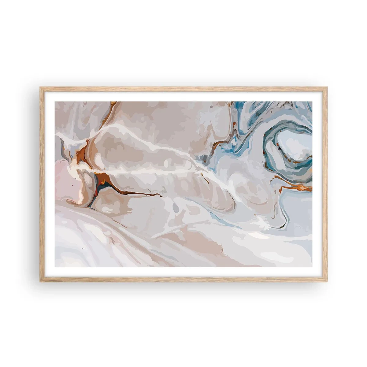 Pôster com moldura de carvalho claro - Meandros azuis sob branco - 91x61 cm