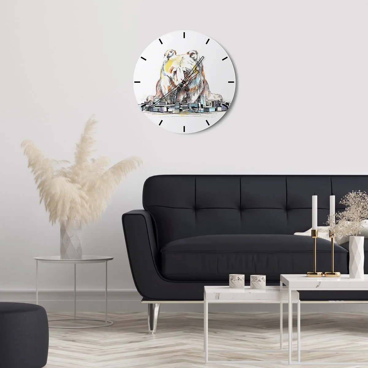 Relógio de parede - Relógio em vidro - Desenho de um urso sobre uma paisagem urbana - 30x30cm - Como viver assim? - Decoração de parede moderna para a sala de estar, cozinha e quarto ARTTOR