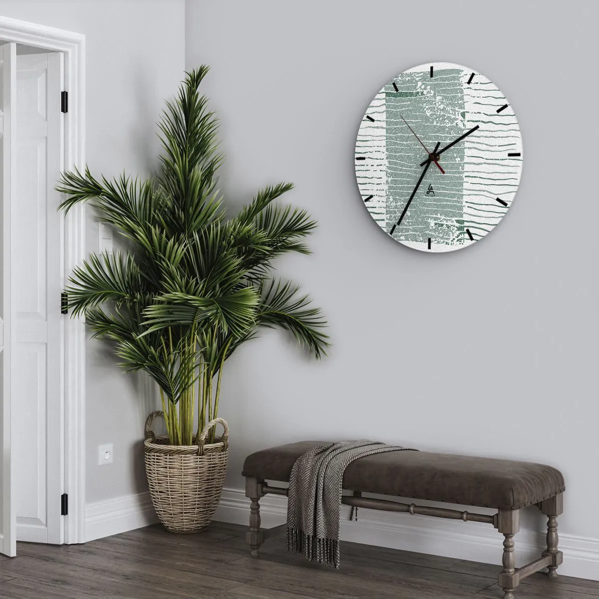 Relógio de parede - Relógio em vidro - Uma composição gráfica com linhas horizontais em tons de verde-mar. - 30x30cm - Abstração marinha - Decoração de parede moderna para a sala de estar, cozinha e quarto ARTTOR