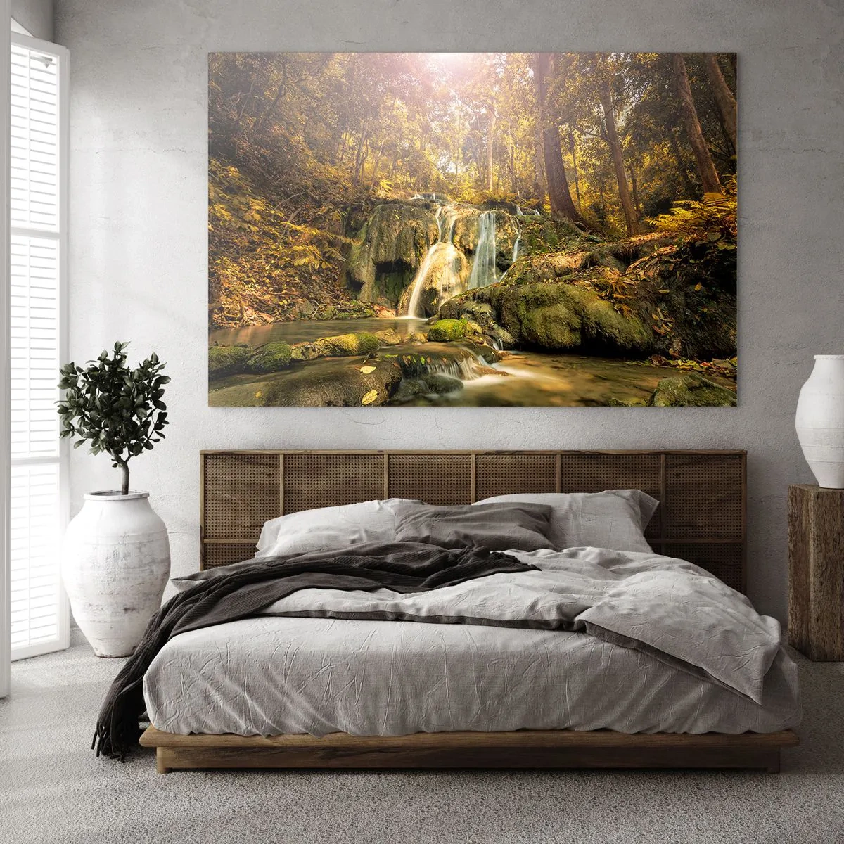 Quadro em vidro - Cascata florestal na vegetação - 70x50cm - Cascata na floresta - Decoração de parede moderna para a sala de estar e quarto ARTTOR