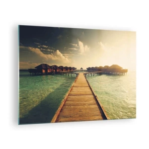 Quadro em vidro - O píer que leva aos chalés à beira-mar ao pôr do sol - 70x50cm - Um convite caloroso - Decoração de parede moderna para a sala de estar e quarto ARTTOR
