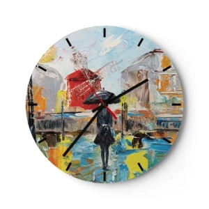Relógio de parede - Relógio em vidro - Cena colorida da cidade com uma mulher e um moinho de vento - 30x30cm - Lendas parisienses - Decoração de parede moderna para a sala de estar, cozinha e quarto ARTTOR