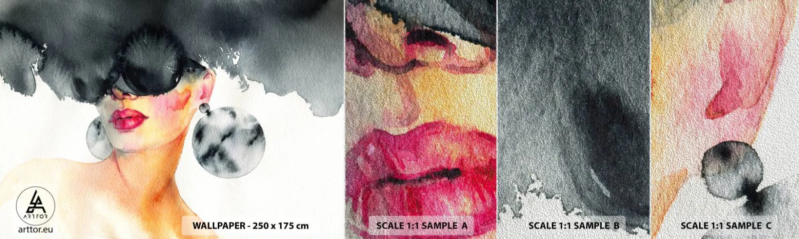 Amostra de papel de parede Premium Sand - O segredo da elegância - Rosto de Mulher, Mulher, Chapéu - 100x30 cm