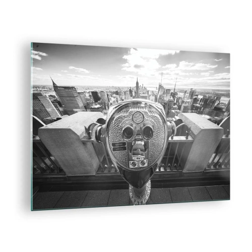 Quadro em vidro - Vista em preto e branco de Nova York com um telescópio de observação - 70x50cm - A cidade das cidades - Decoração de parede moderna para a sala de estar e quarto ARTTOR