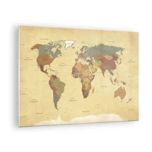 Quadro em vidro - Um mapa-múndi em tons de bege e marrom sobre um fundo vintage. - 70x50cm - Para ti - o mundo todo - Decoração de parede moderna para a sala de estar e quarto ARTTOR