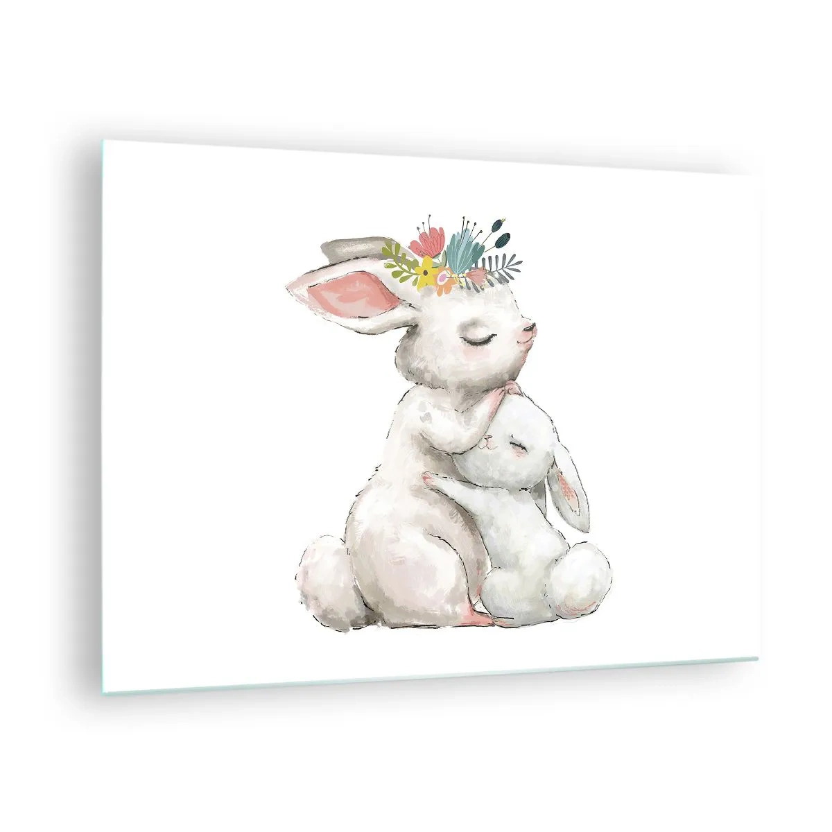 Quadro em vidro - Dois coelhos fofinhos em tons pastel - 70x50cm - Nada melhor do que amor de mãe - Decoração de parede moderna para a sala de estar e quarto ARTTOR