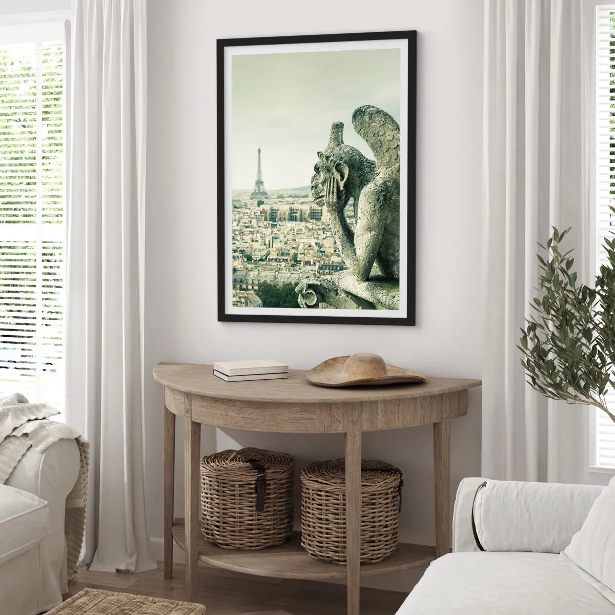 Pôster com moldura preta - Uma gárgula com vista para a Torre Eiffel e o horizonte de Paris - 50x70cm - Conversas parisienses - Decoração de parede moderna para a sala de estar e quarto ARTTOR