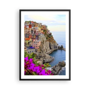 Pôster com moldura preta - Vista de edifícios coloridos em um penhasco acima do mar - 50x70cm - A cidade que sorri - Decoração de parede moderna para a sala de estar e quarto ARTTOR