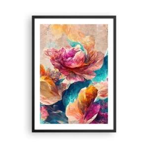 Pôster com moldura preta - Flores abstratas em tons de rosa e turquesa - 50x70cm - Esplendor colorido do buquê - Decoração de parede moderna para a sala de estar e quarto ARTTOR