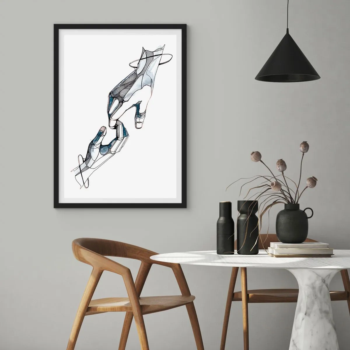 Pôster com moldura preta - Mãos abstratas em uma composição artística de linhas e cores - 50x70cm - Um bom gesto - Decoração de parede moderna para a sala de estar e quarto ARTTOR