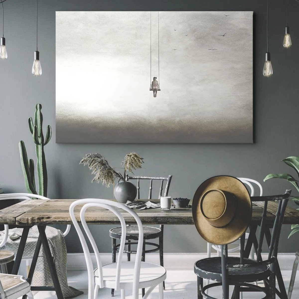 Quadro em tela - Uma figura em um balanço suspensa no espaço - 70x50cm - A criança em nós - Decoração de parede moderna para a sala de estar e quarto ARTTOR