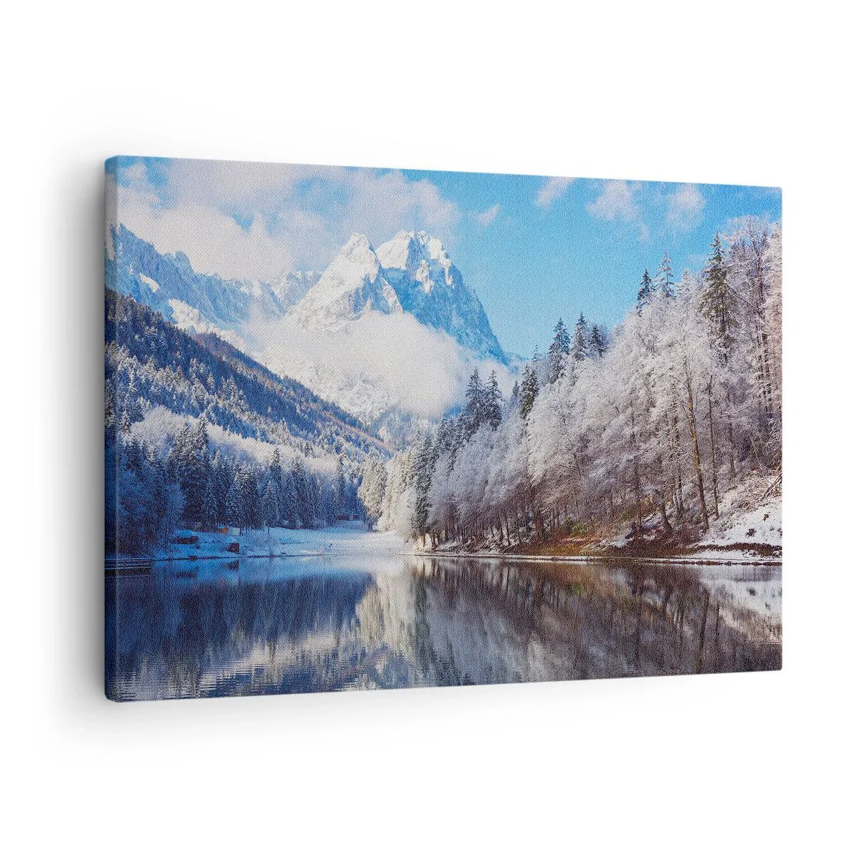 Quadro em tela - Paisagem montanhosa de inverno com árvores cobertas de neve e um lago - 70x50cm - Guarda de neve - Decoração de parede moderna para a sala de estar e quarto ARTTOR