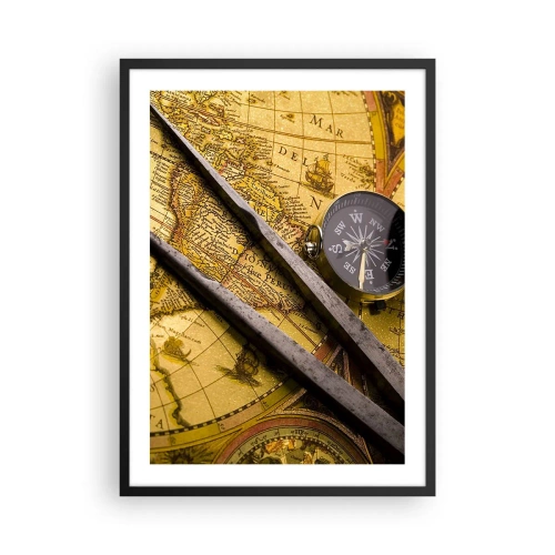 Pôster com moldura preta - Mapa antigo com bússola e ferramentas de navegação - 50x70cm - Onde estão esses tesouros? - Decoração de parede moderna para a sala de estar e quarto ARTTOR