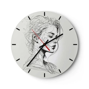 Relógio de parede - Relógio em vidro - Esboço em preto e branco do rosto de uma mulher em pensamento - 30x30cm - Retrato em pensamento - Decoração de parede moderna para a sala de estar, cozinha e quarto ARTTOR