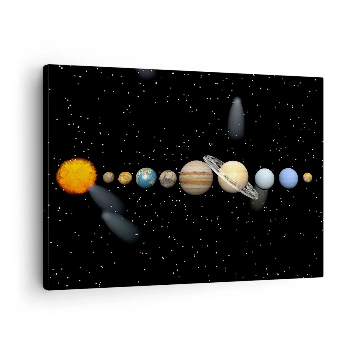 Quadro em tela - O sistema solar com planetas contra o fundo de estrelas no espaço - 70x50cm - E os planetas estão a enlouquecer... - Decoração de parede moderna para a sala de estar e quarto ARTTOR