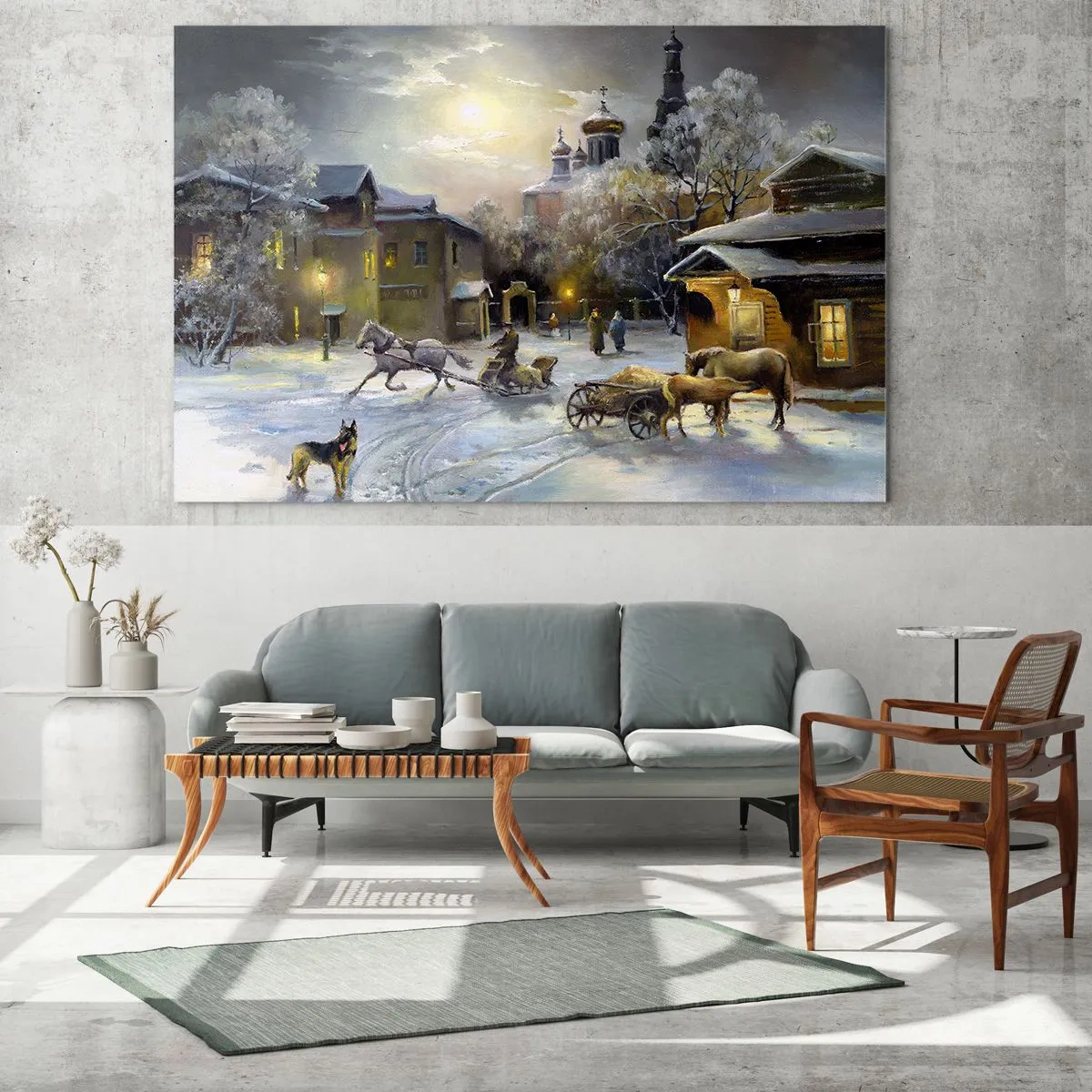 Quadro em vidro - Paisagem urbana de inverno iluminada pelo luar - 70x50cm - A magia do inverno russo - Decoração de parede moderna para a sala de estar e quarto ARTTOR